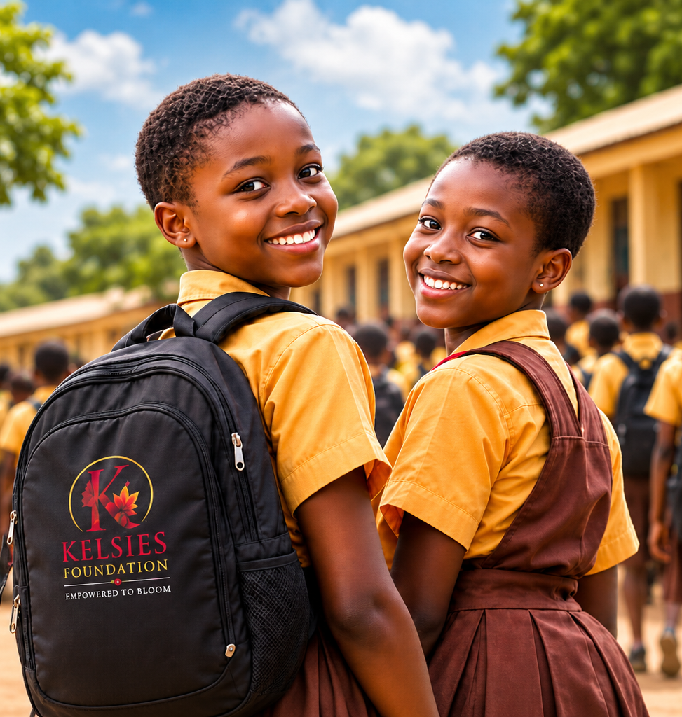 Two smiling schoolgirls with Kelsies Foundation backpacks