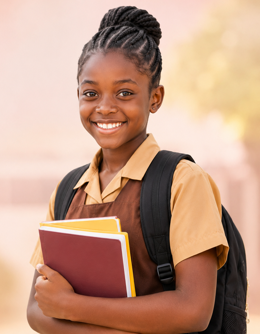 A smiling schoolgirl with a backpack holding books