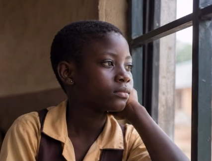 A young Ghanaian schoolgirl looking thoughtfully through a classroom window